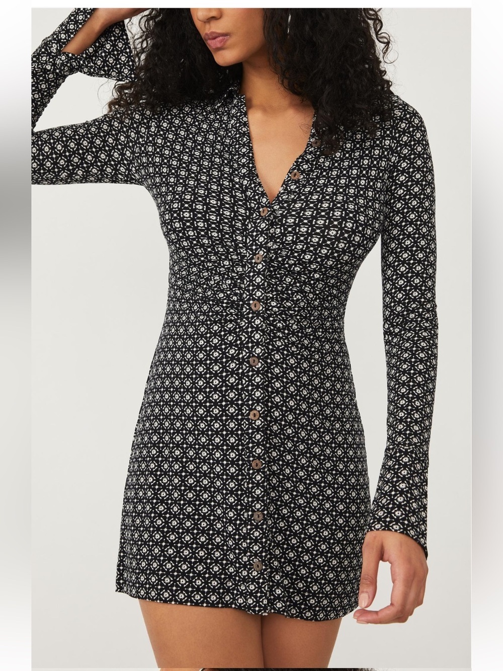 Free People Shayla Button Front Mini Dress Black AOP - Small - - Picture 2 of 15